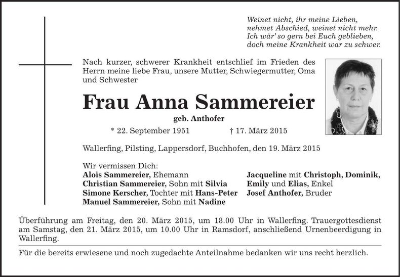 Traueranzeige Anna Sammereier