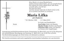 Traueranzeige Maria Lifka