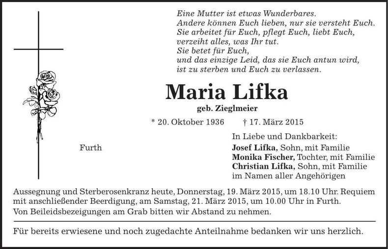 Traueranzeige Maria Lifka