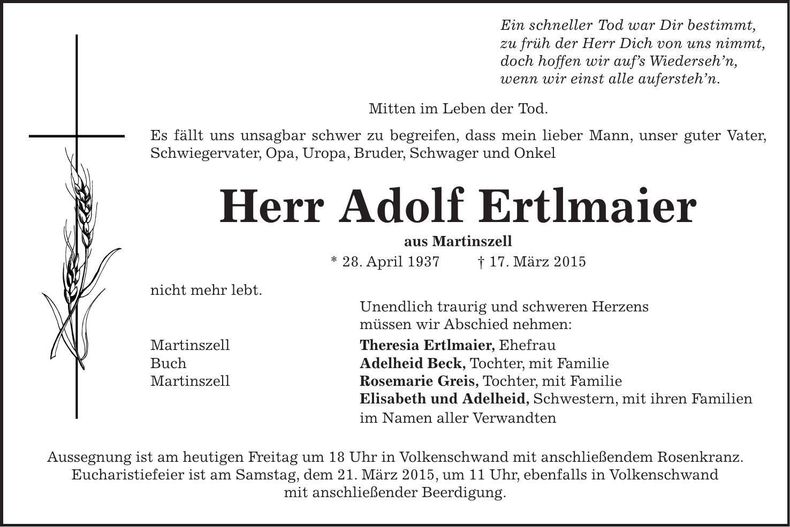 Traueranzeige Adolf Ertlmaier