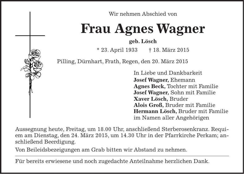 Traueranzeige Agnes Wagner