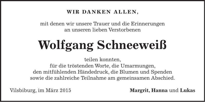 Traueranzeige Wolfgang Schneeweiß