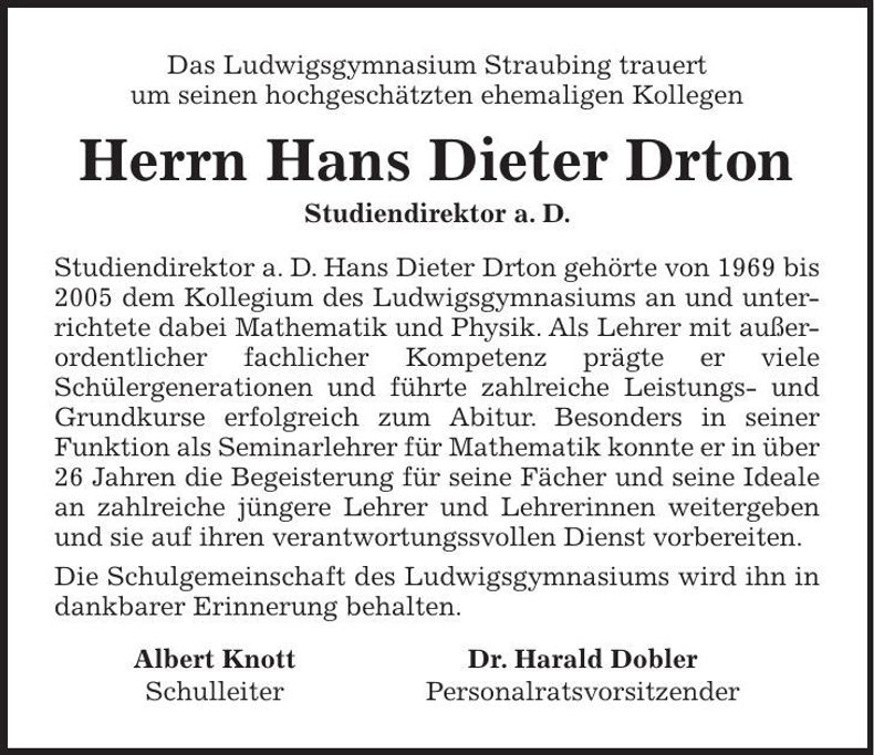 Traueranzeige Hans Dieter Drton