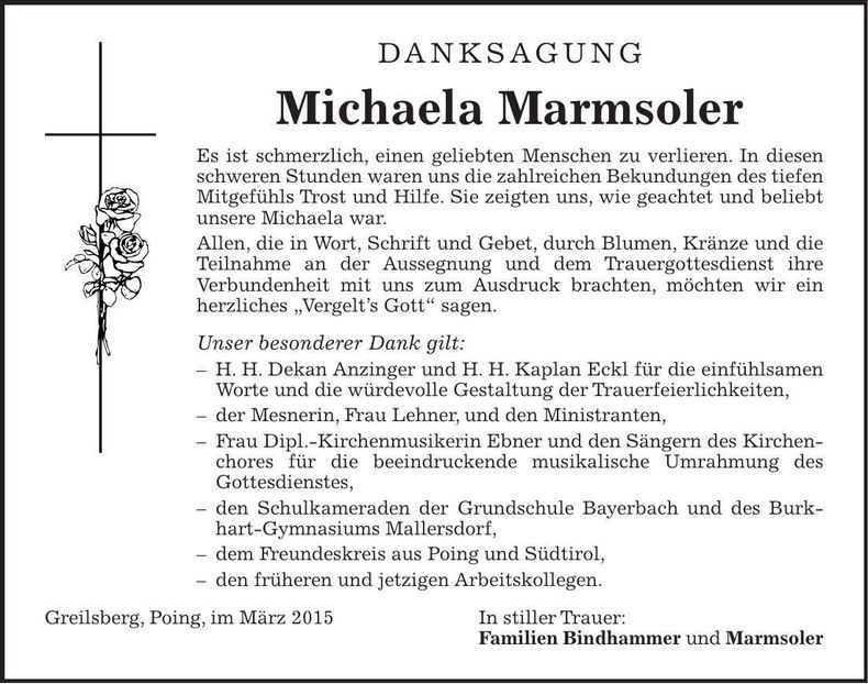Traueranzeige Michaela Marmsoler