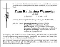 Traueranzeige Katharina Wasmeier