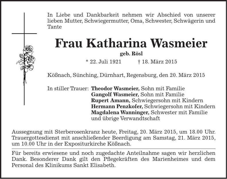 Traueranzeige Katharina Wasmeier