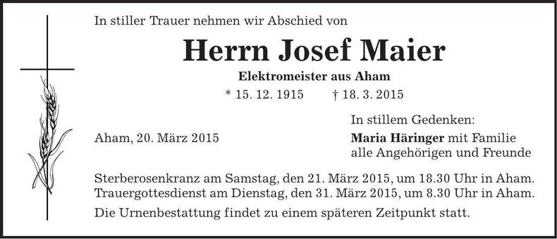 Traueranzeige Josef Maier