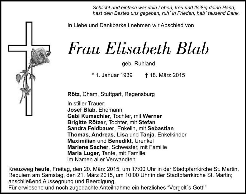 Traueranzeige Elisabeth Blab