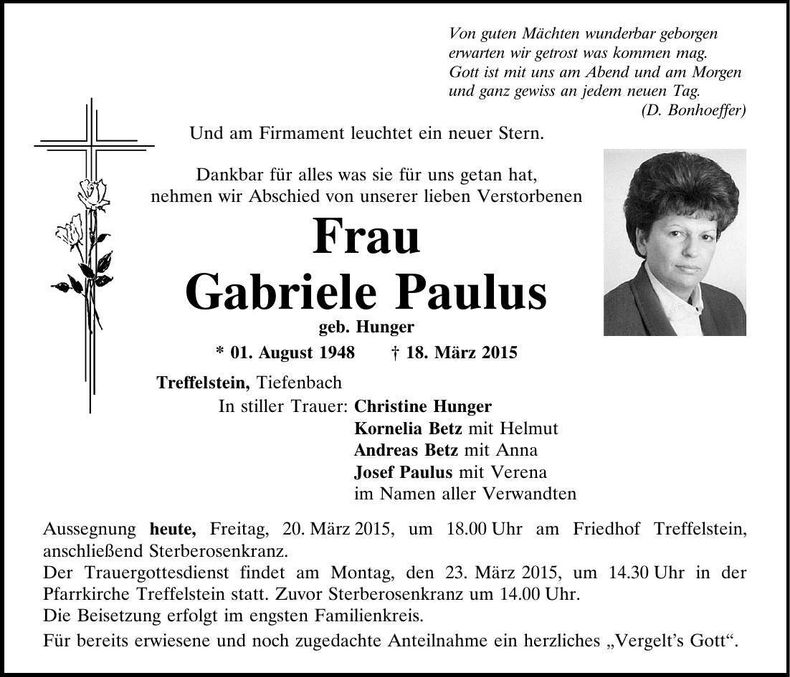 Traueranzeige Gabriele Paulus