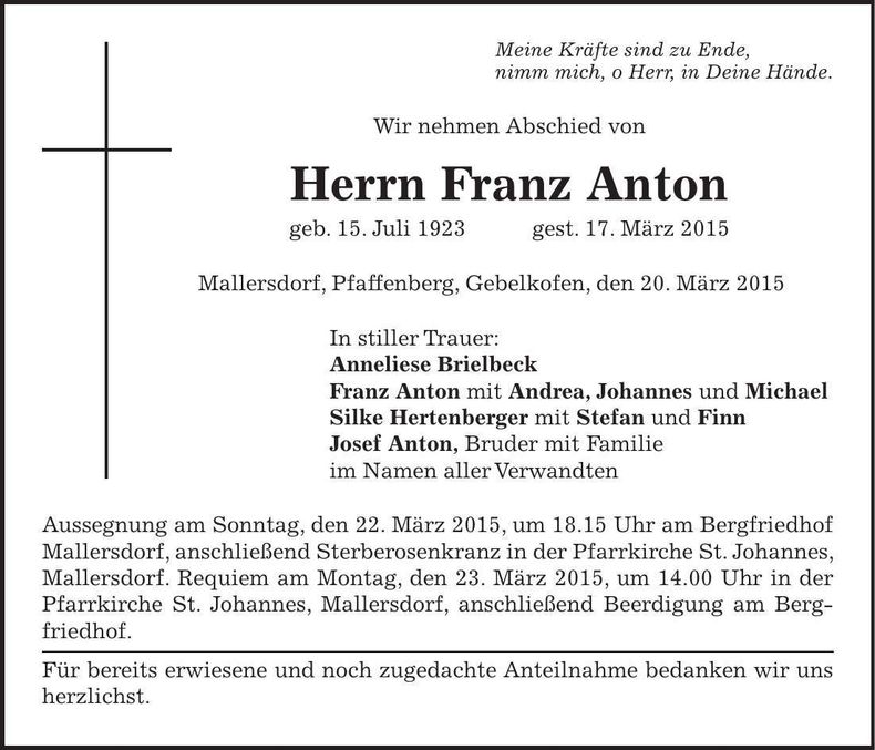 Traueranzeige Franz Anton