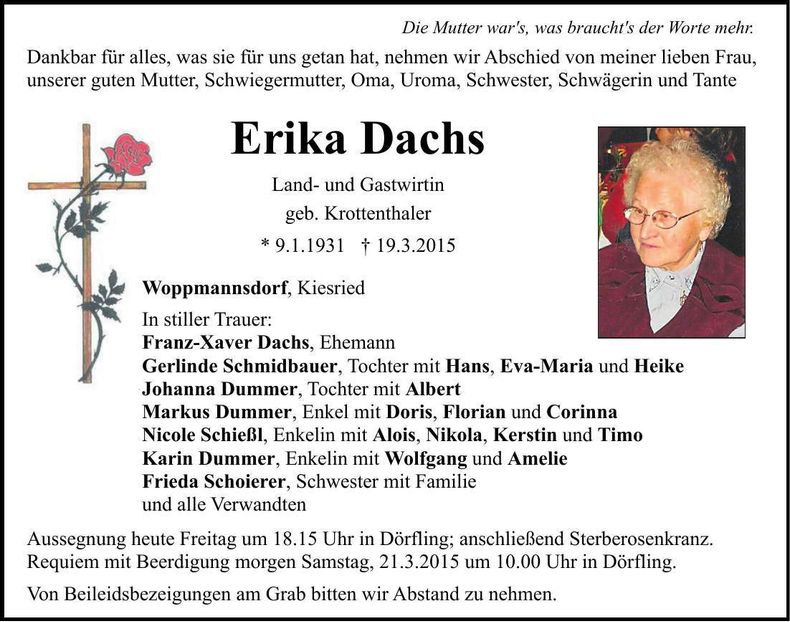 Traueranzeige Erika Dachs