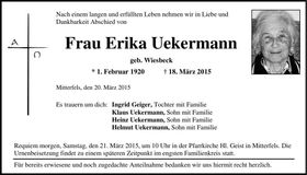 Traueranzeige Erika Uekermann