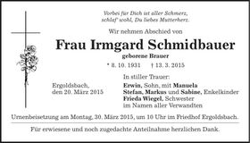 Traueranzeige Irmgard Schmidbauer