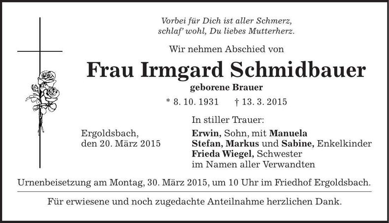 Traueranzeige Irmgard Schmidbauer