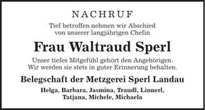Traueranzeige Waltraud Sperl