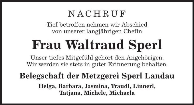 Traueranzeige Waltraud Sperl