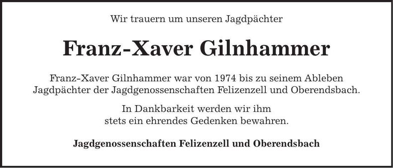 Traueranzeige Franz-Xaver Gilnhammer