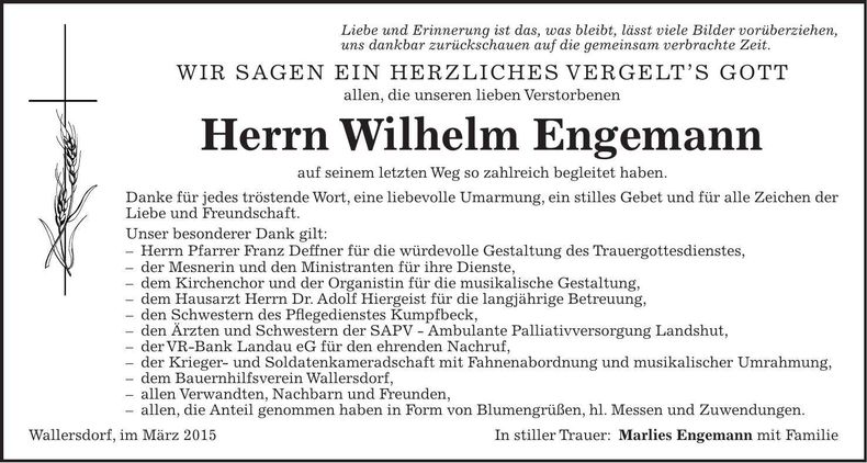 Traueranzeige Wilhelm Engemann