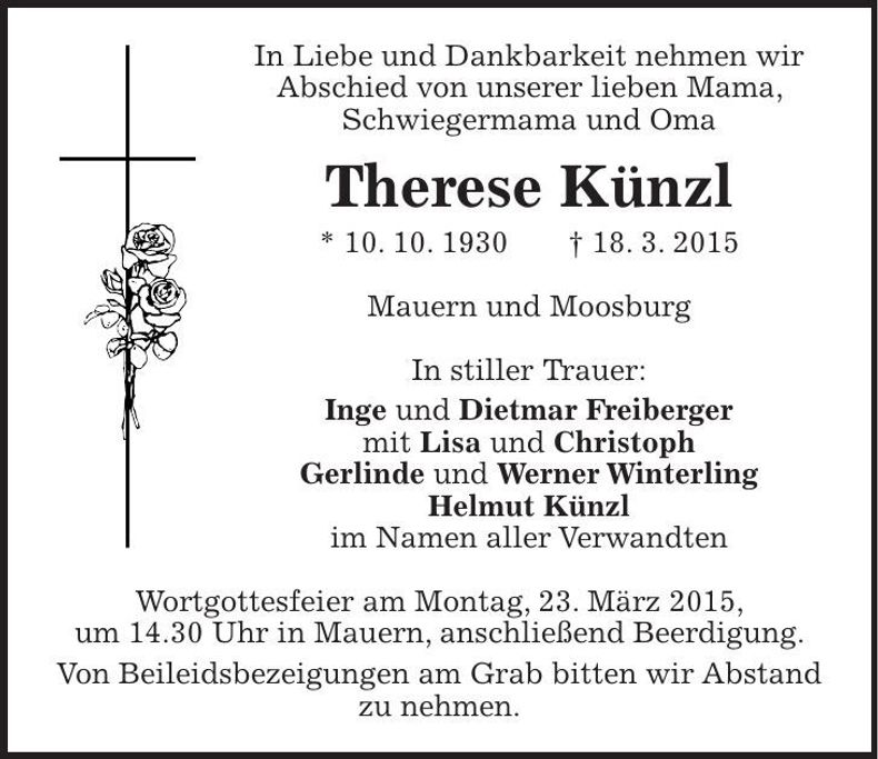 Traueranzeige Therese Künzl