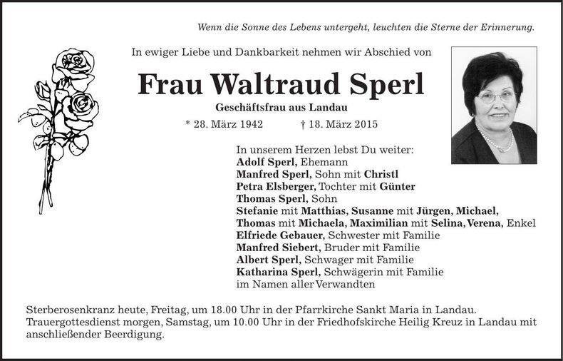Traueranzeige Waltraud Sperl