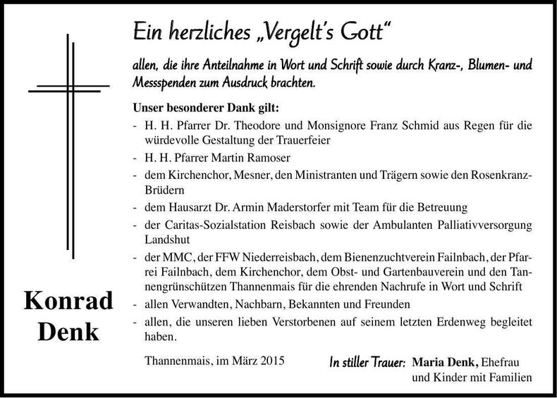 Traueranzeige Konrad Denk