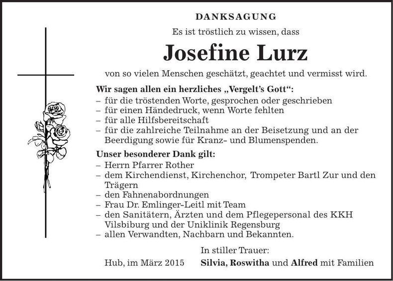 Traueranzeige Josefine Lurz
