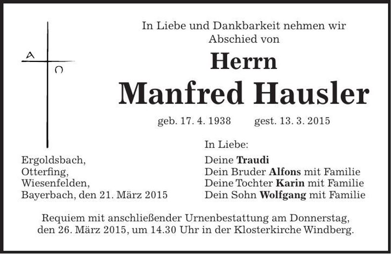 Traueranzeige Manfred Hausler