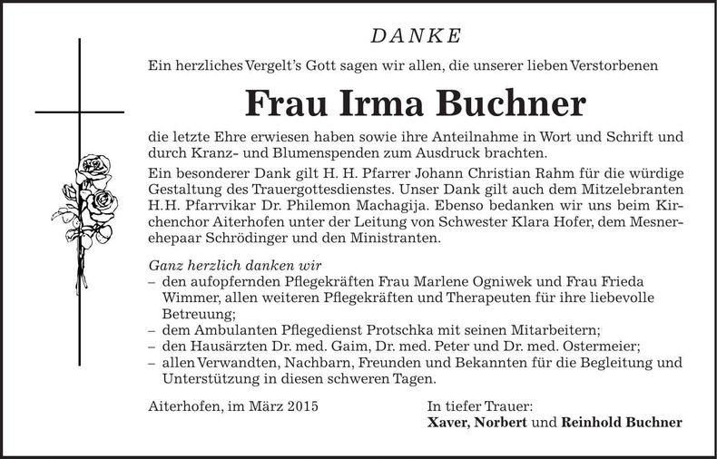Traueranzeige Irma Buchner