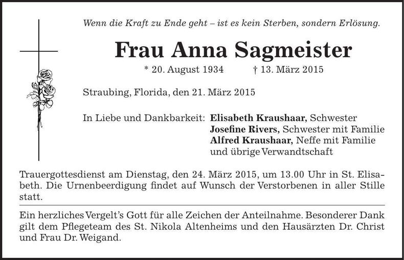 Traueranzeige Anna Sagmeister