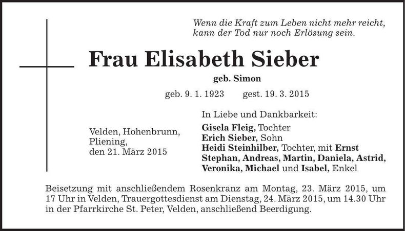 Traueranzeige Elisabeth Sieber