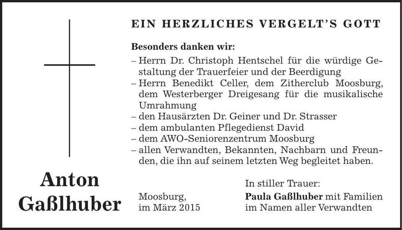 Traueranzeige Anton Gaßlhuber