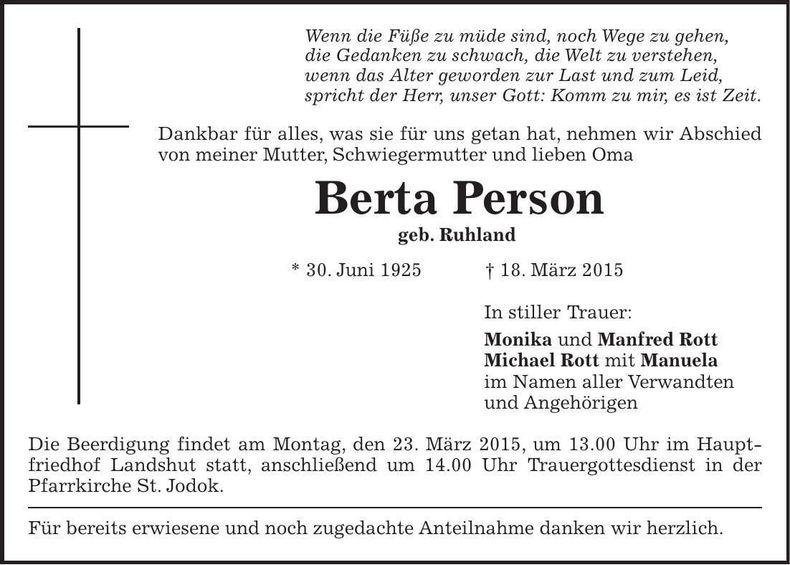 Traueranzeige Berta Person