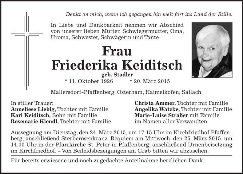 Traueranzeige Friederika Keiditsch