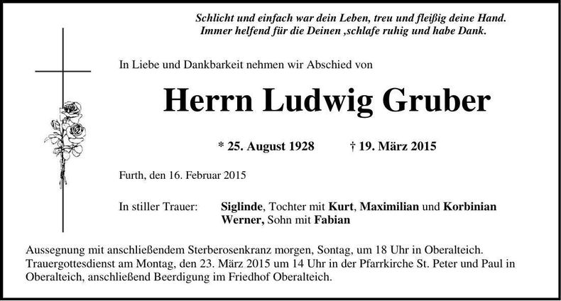 Traueranzeige Ludwig Gruber
