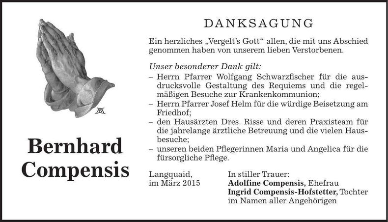 Traueranzeige Bernhard Compensis
