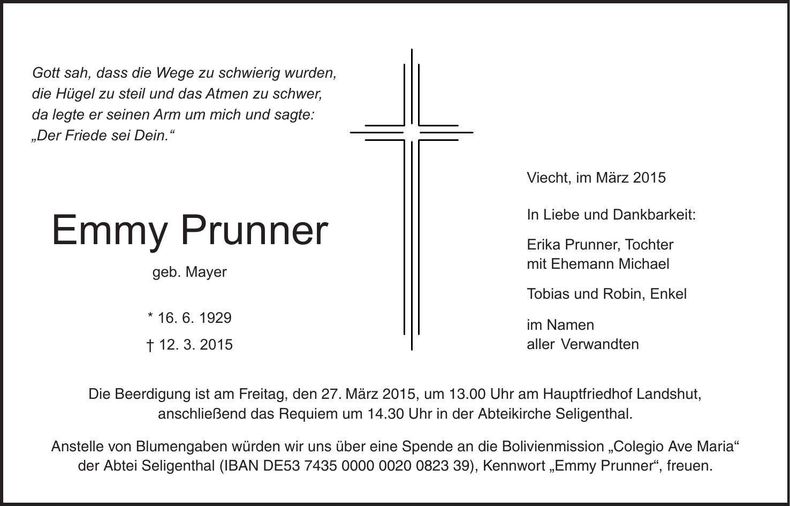 Traueranzeige Emmy Prunner