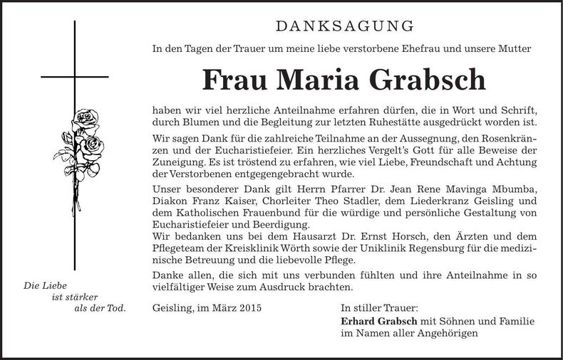 Traueranzeige Maria Grabsch