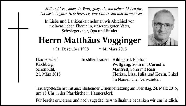 Traueranzeige Matthäus Vogginger