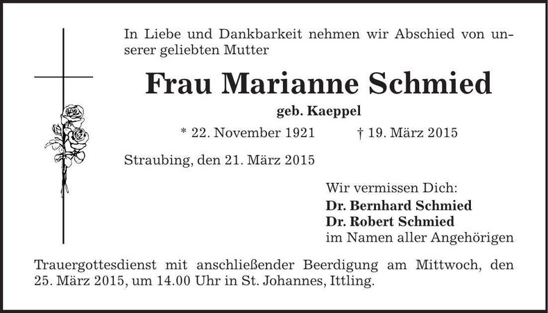 Traueranzeige Marianne Sc hmied