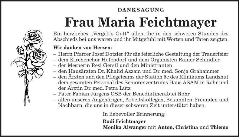 Traueranzeige Maria Feichtmayer