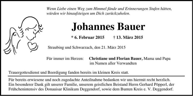 Traueranzeige Johannes Bauer