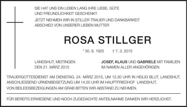 Traueranzeige Rosa Stillger