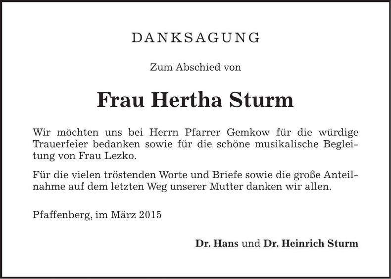 Traueranzeige Hertha Sturm