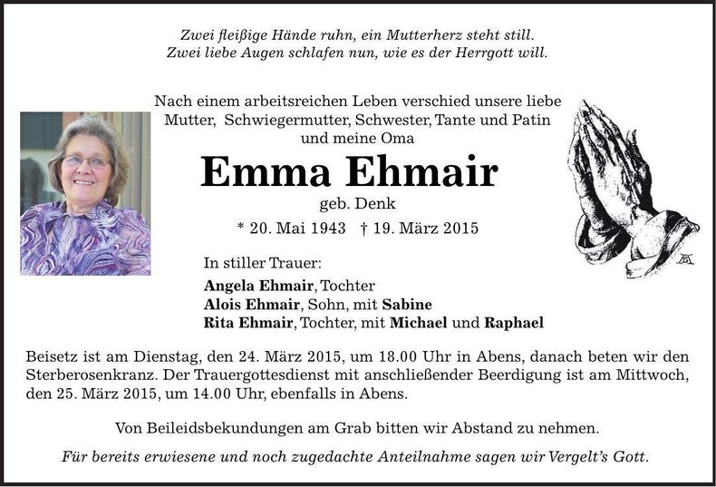 Traueranzeige Emma Ehmair