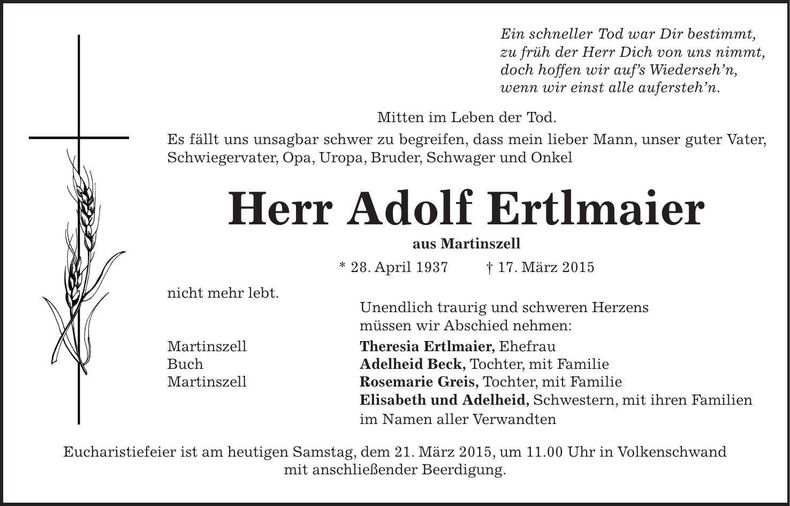 Traueranzeige Adolf Ertlmaier