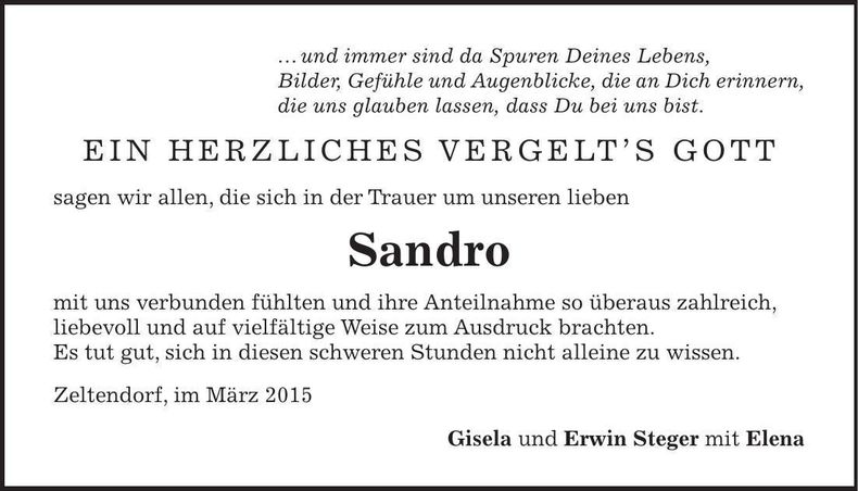 Traueranzeige Sandro Steger