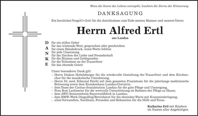 Traueranzeige Alfred Ertl