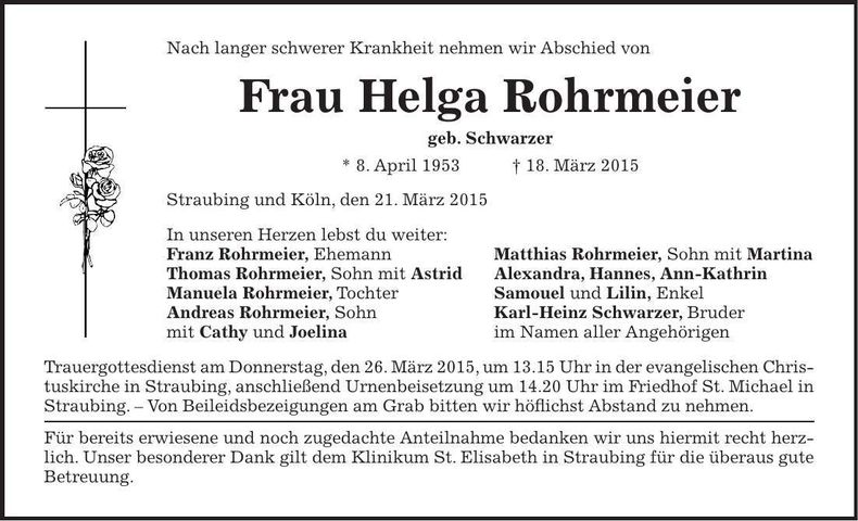Traueranzeige Helga Rohrmeier