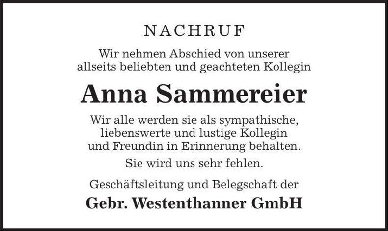 Traueranzeige Anna Sammereier