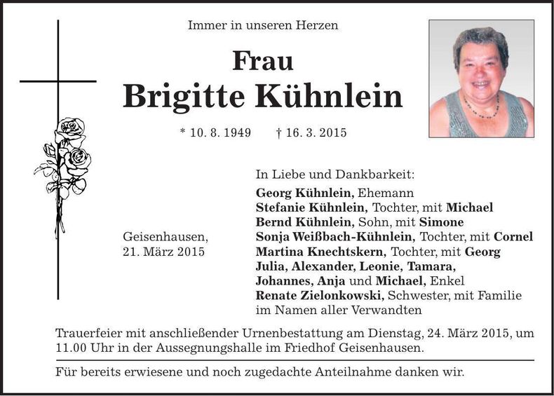 Traueranzeige Brigitte Kühnlein